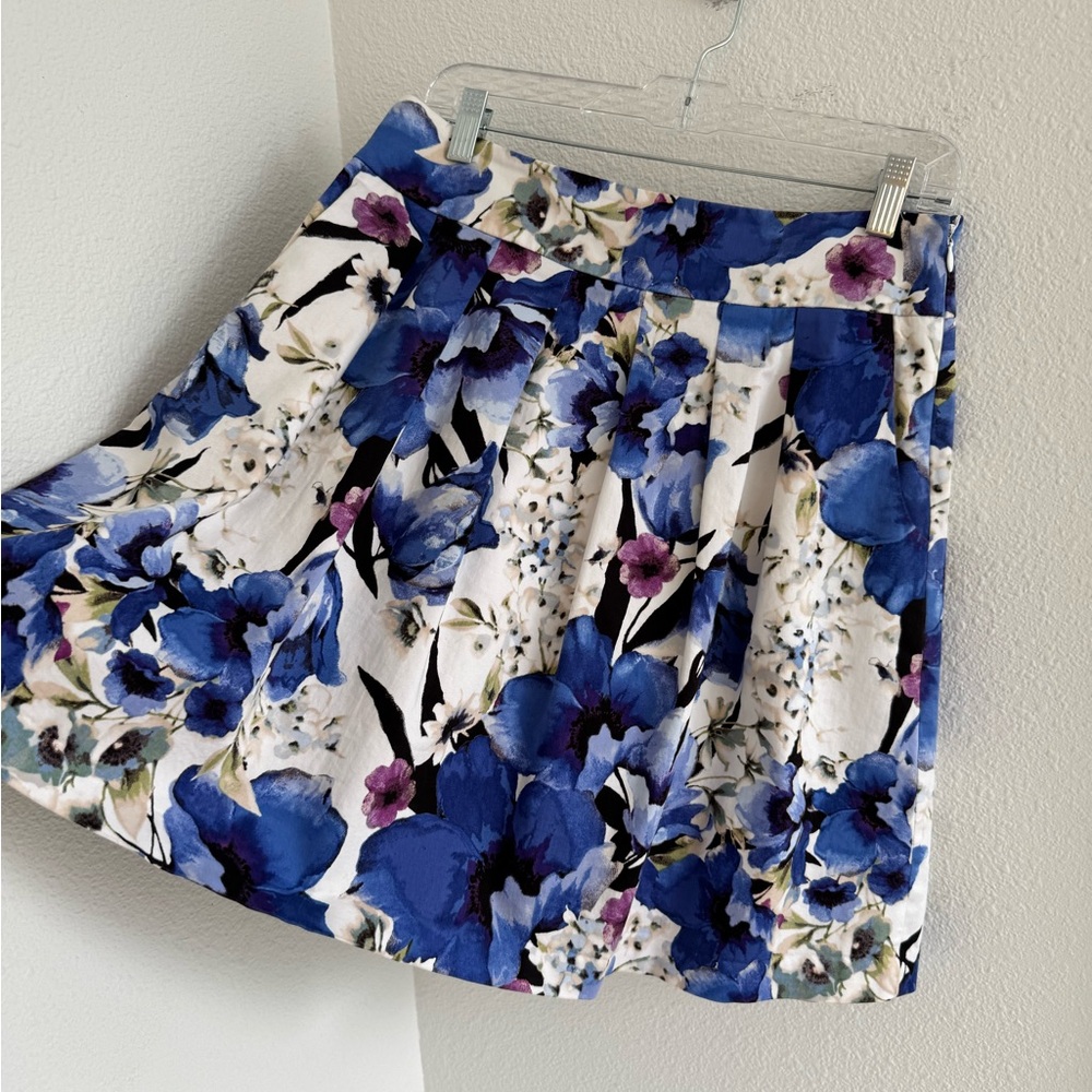 Floral Pleated A-Line Skirt - Blue & White